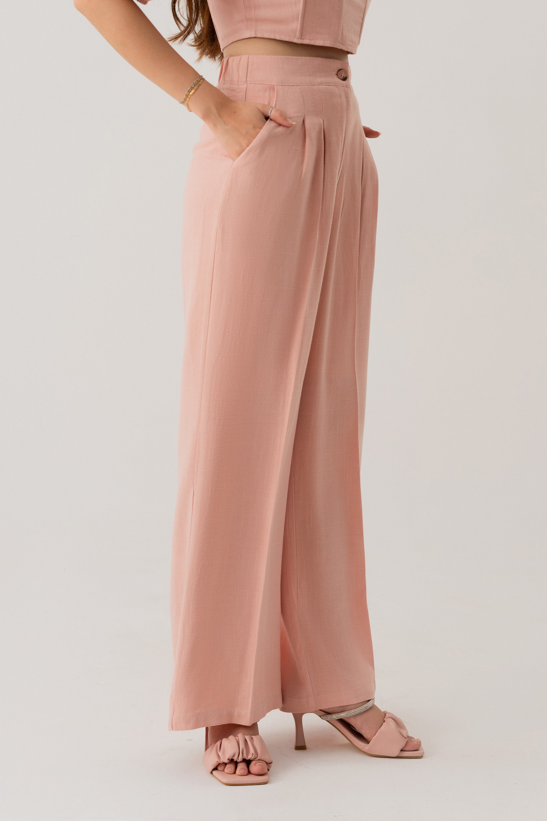 Peach Linen Wide Leg Darted Trousers - Hustle N Holla