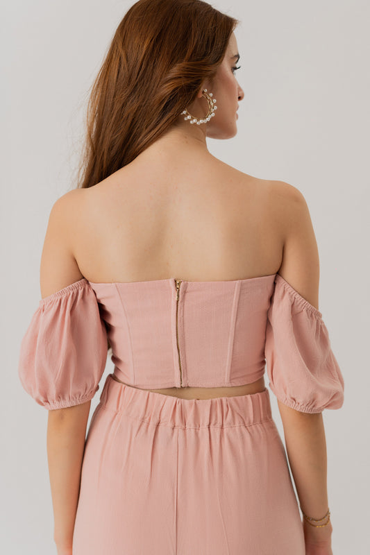 PEACH LINEN OFF SHOULDER CROPPED CORSET TOP - Hustle N Holla