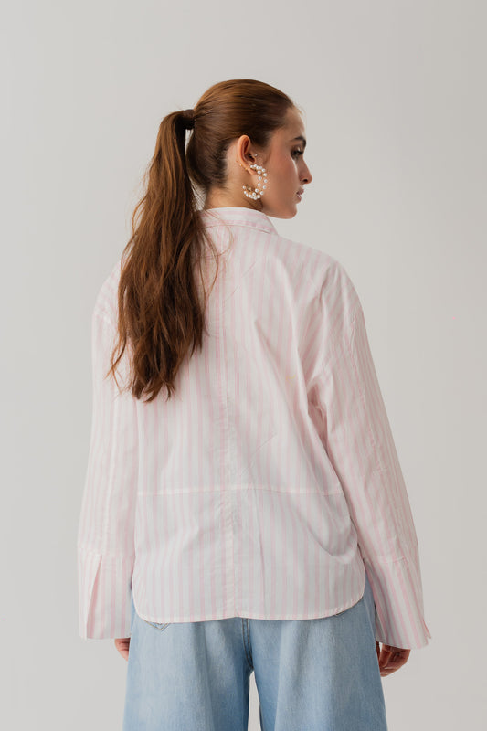 STRIPED POPLIN LOOSE FIT BUTTON DOWN SHIRT - Hustle N Holla