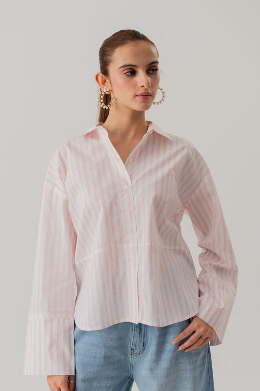 STRIPED POPLIN LOOSE FIT BUTTON DOWN SHIRT - Hustle N Holla