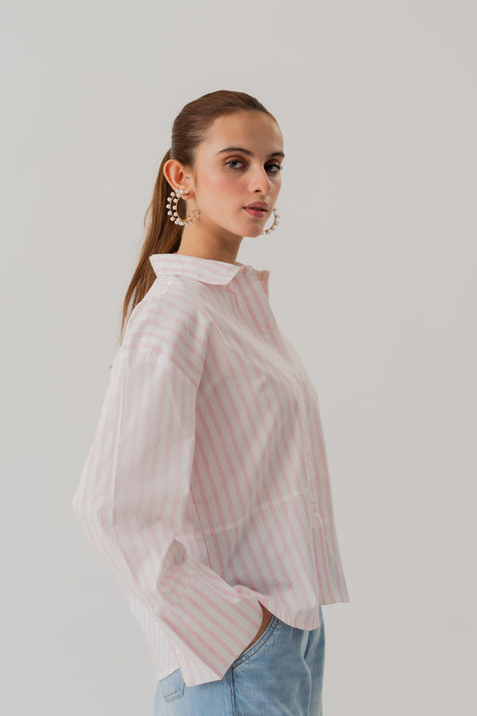 STRIPED POPLIN LOOSE FIT BUTTON DOWN SHIRT - Hustle N Holla