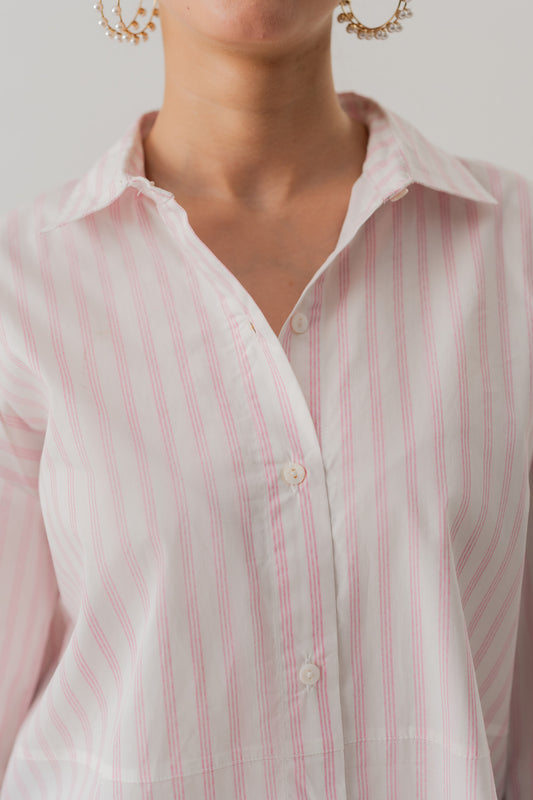 STRIPED POPLIN LOOSE FIT BUTTON DOWN SHIRT - Hustle N Holla