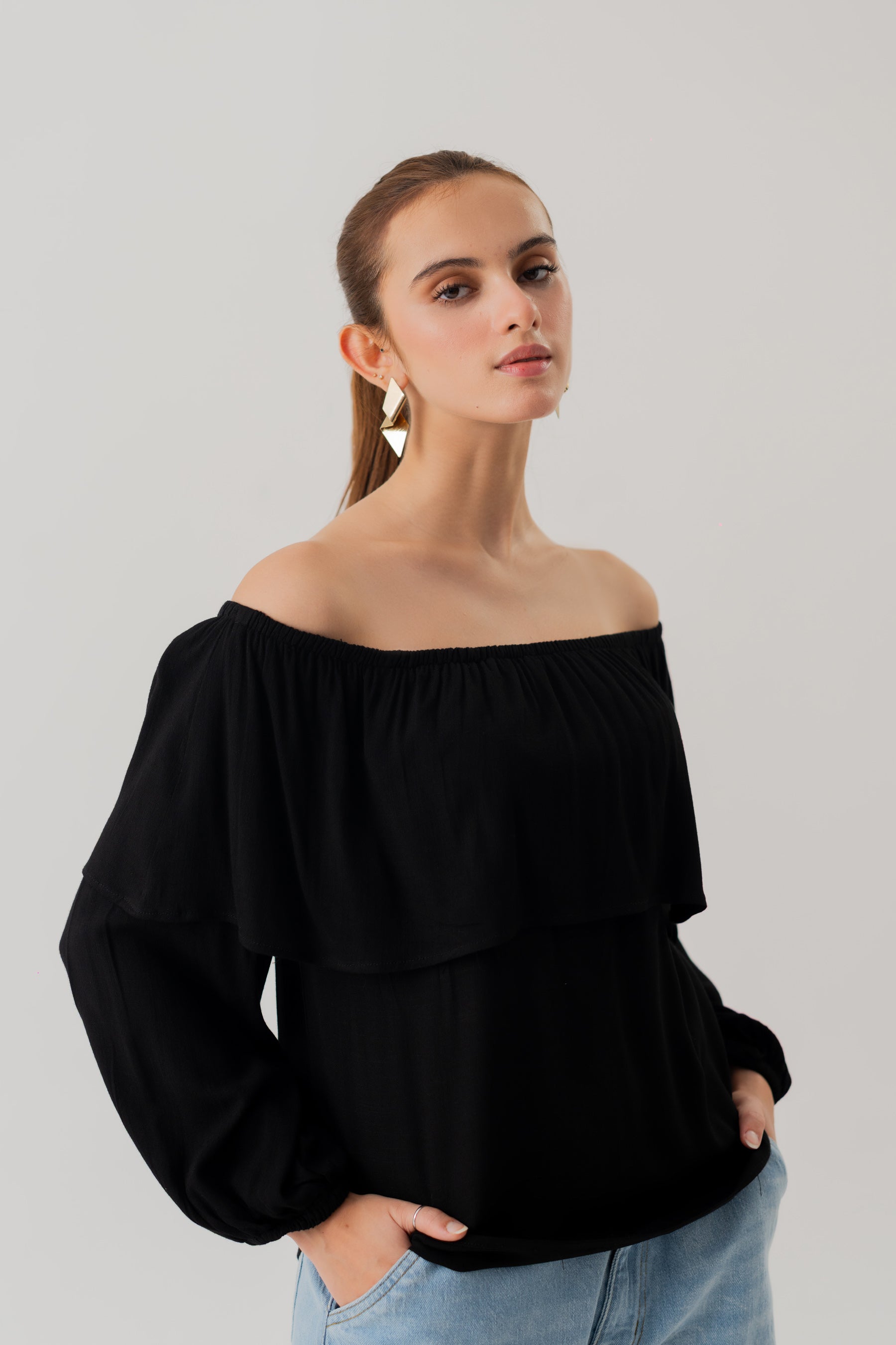 Black Off Shoulder Linen Blouse