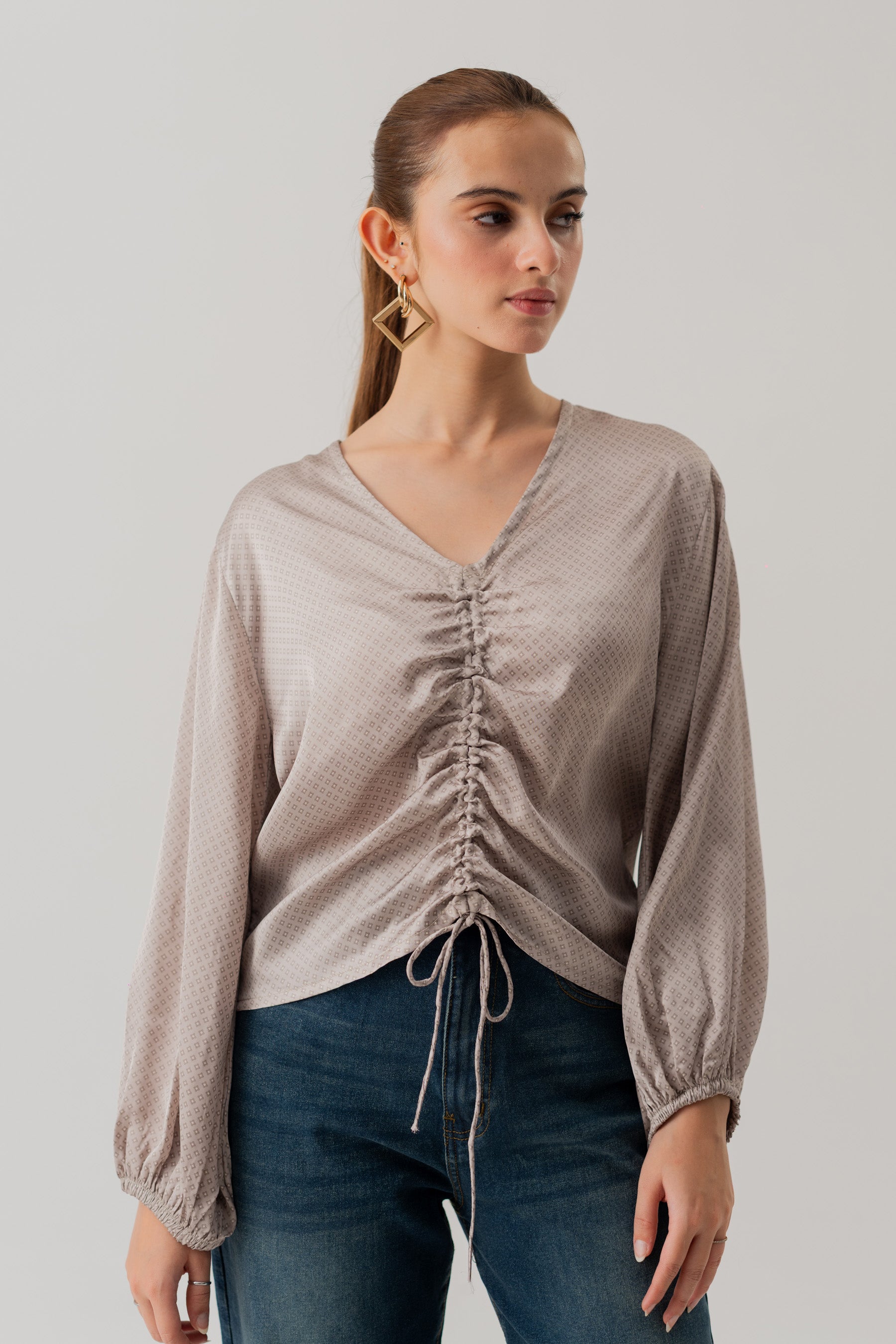 Grey Loose Fit Front Tie Blouse - Hustle N Holla