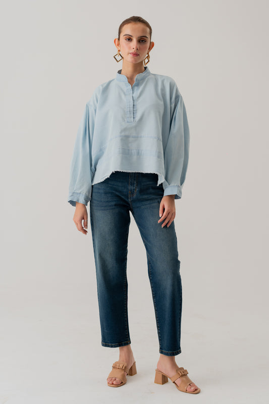 LIGHT WASH BOXY FIT CHAMBRAY TOP - Hustle N Holla