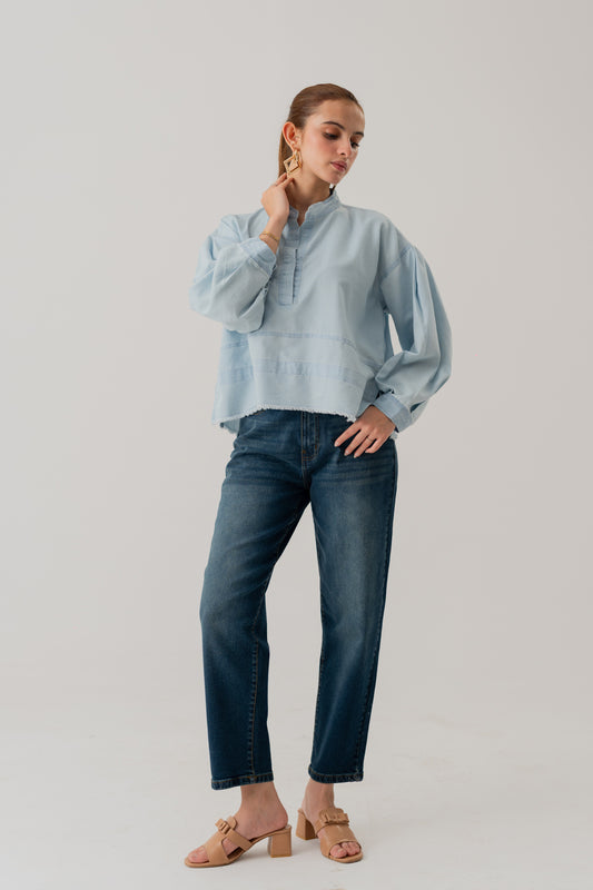 LIGHT WASH BOXY FIT CHAMBRAY TOP - Hustle N Holla