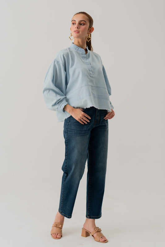 LIGHT WASH BOXY FIT CHAMBRAY TOP - Hustle N Holla