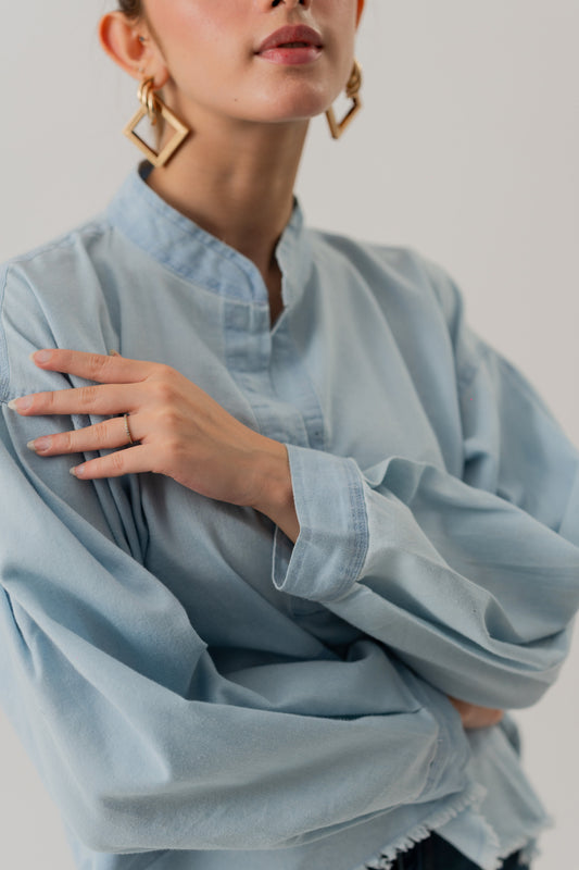 LIGHT WASH BOXY FIT CHAMBRAY TOP - Hustle N Holla