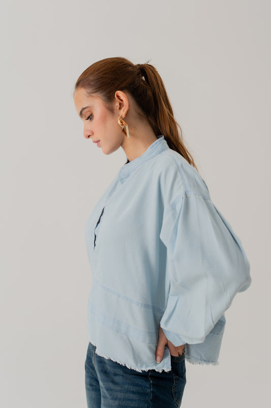 LIGHT WASH BOXY FIT CHAMBRAY TOP - Hustle N Holla