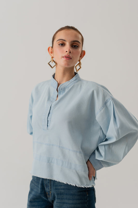 LIGHT WASH BOXY FIT CHAMBRAY TOP - Hustle N Holla