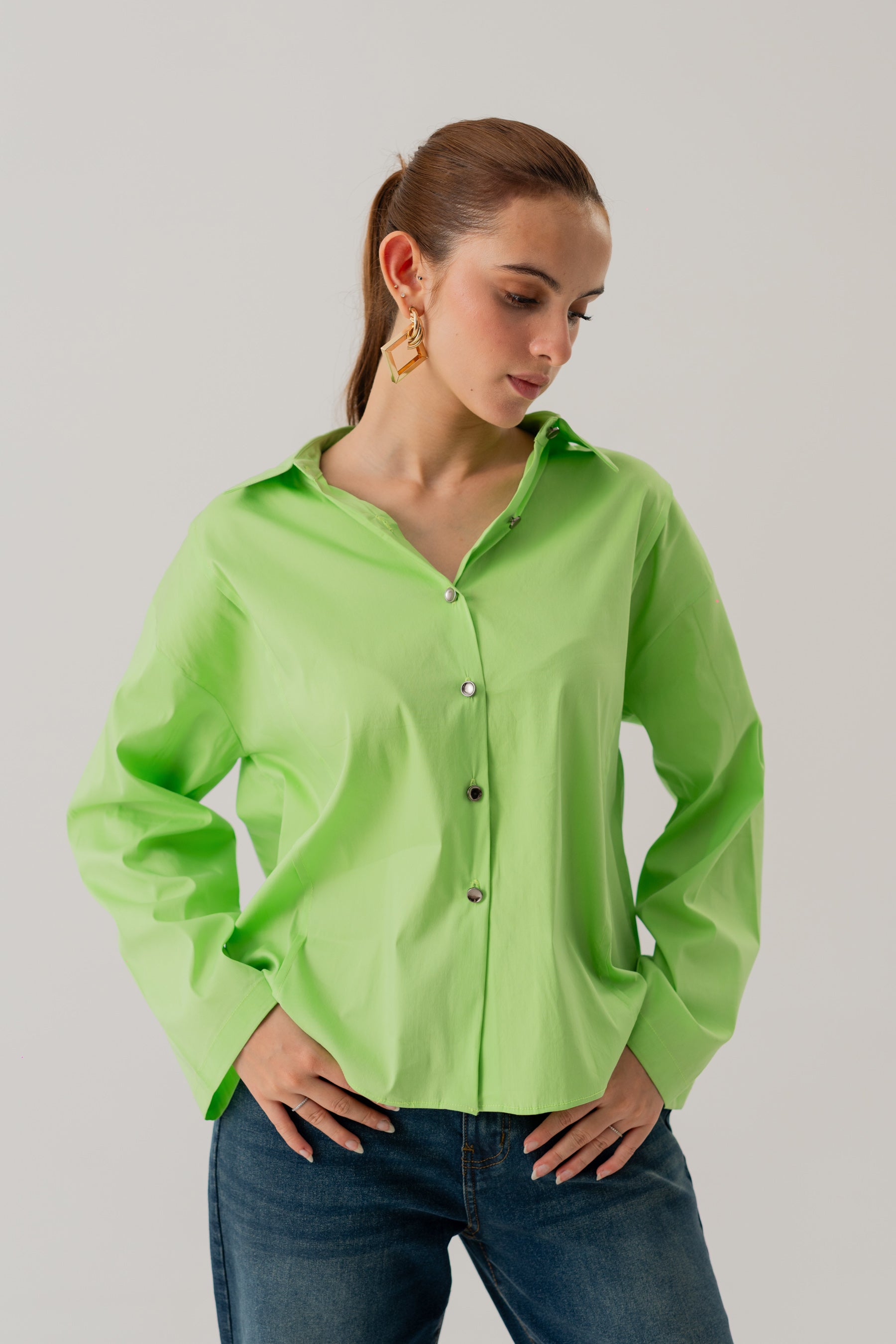Neon Green Cotton Relaxed Fit Button Down Shirt - Hustle N Holla