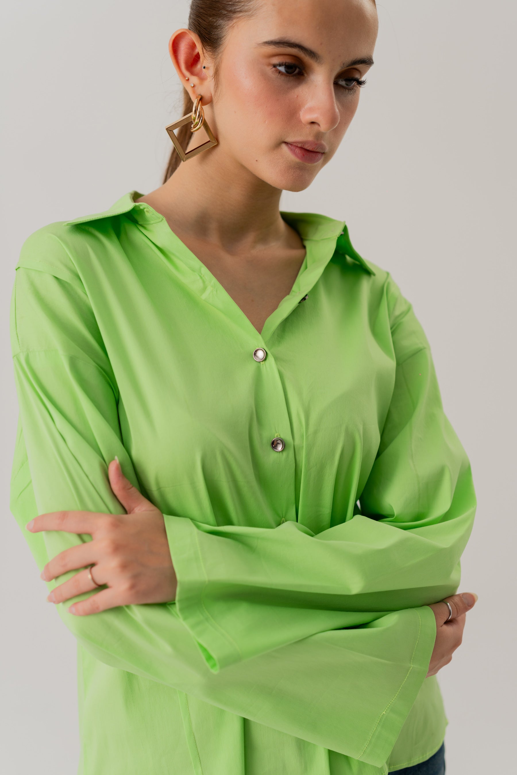 Neon Green Cotton Relaxed Fit Button Down Shirt - Hustle N Holla
