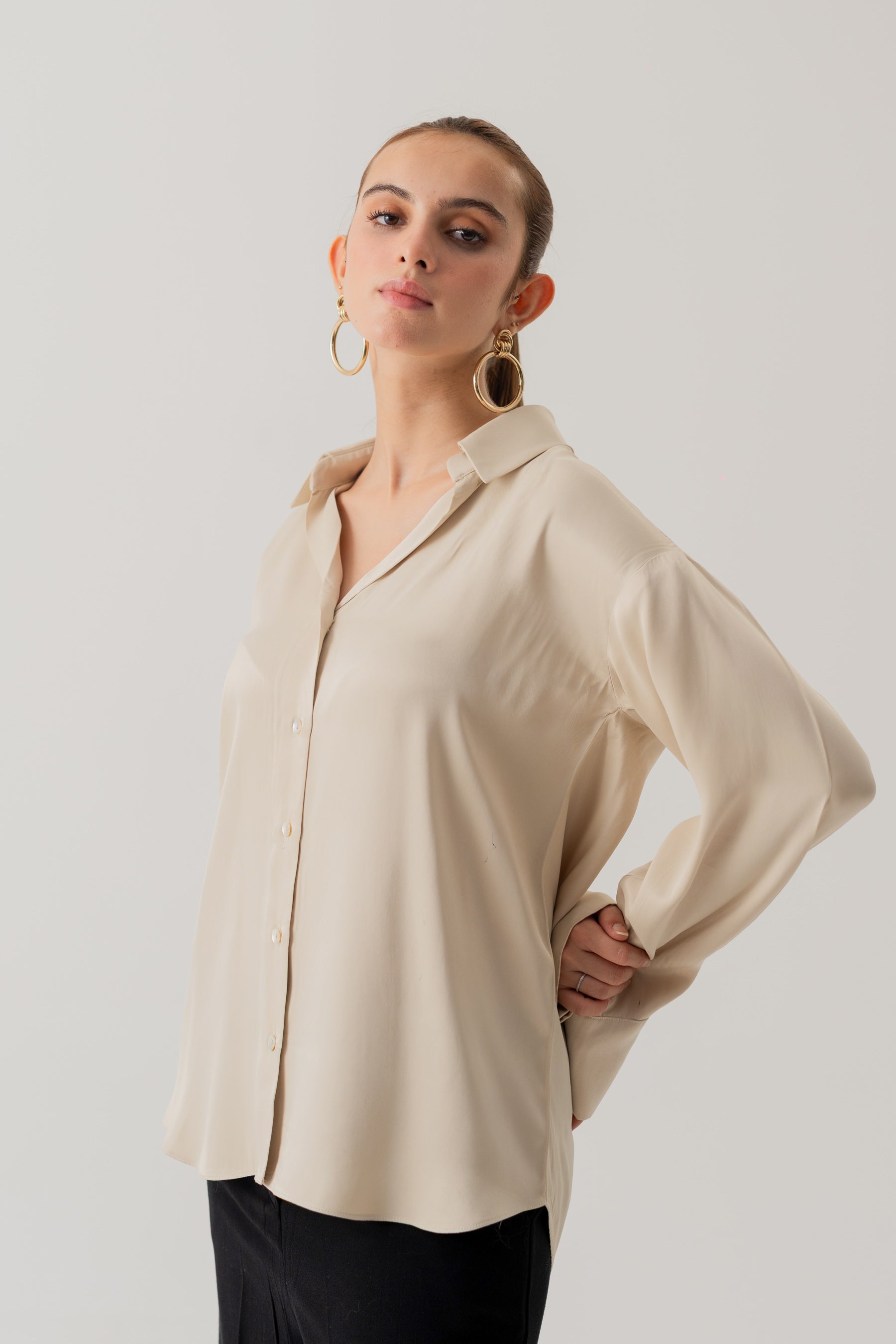 CREAM SILK LOOSE FIT BLOUSE - Hustle N Holla