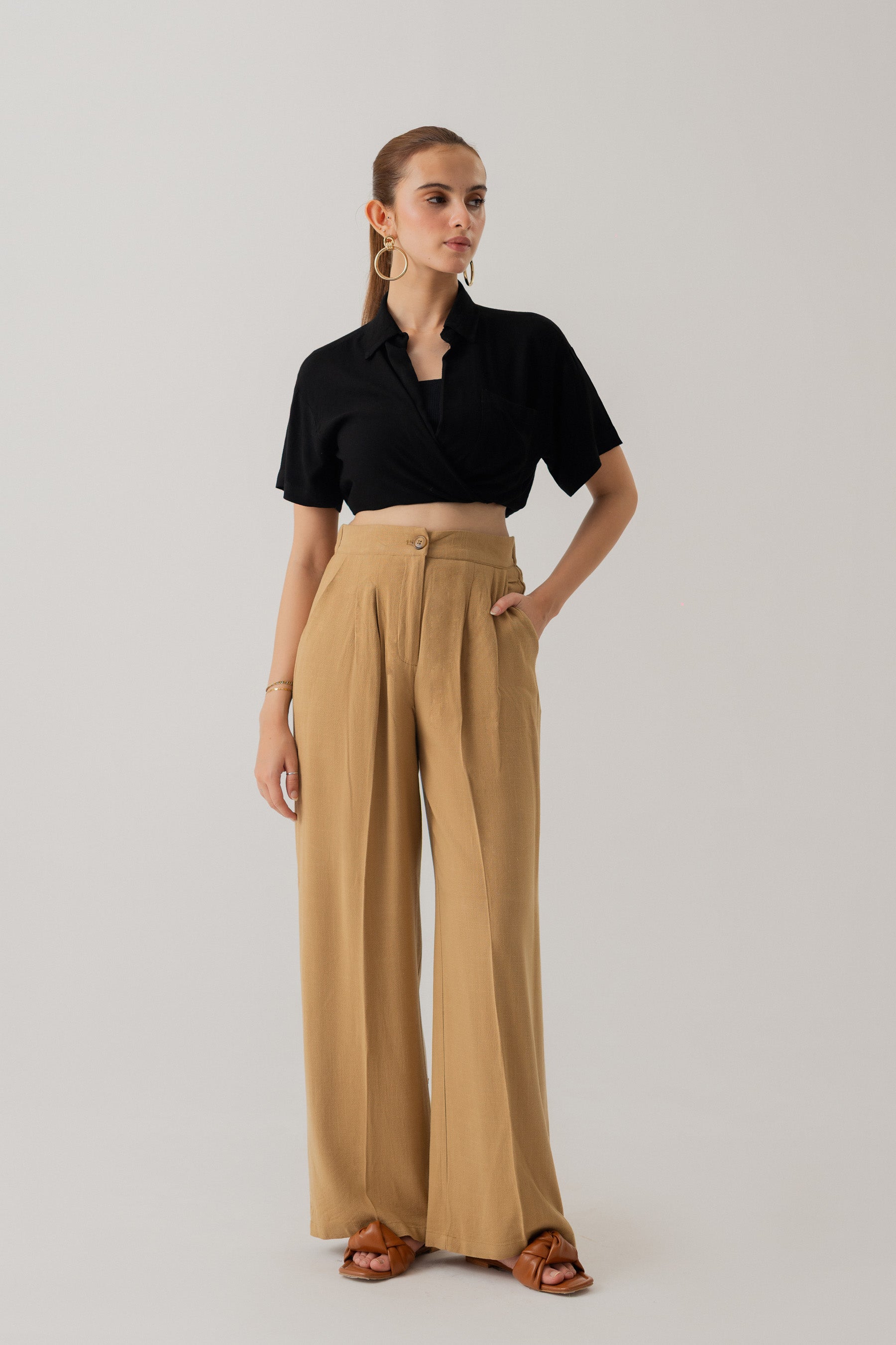 TAUPE LINEN WIDE LEG DARTED TROUSERS