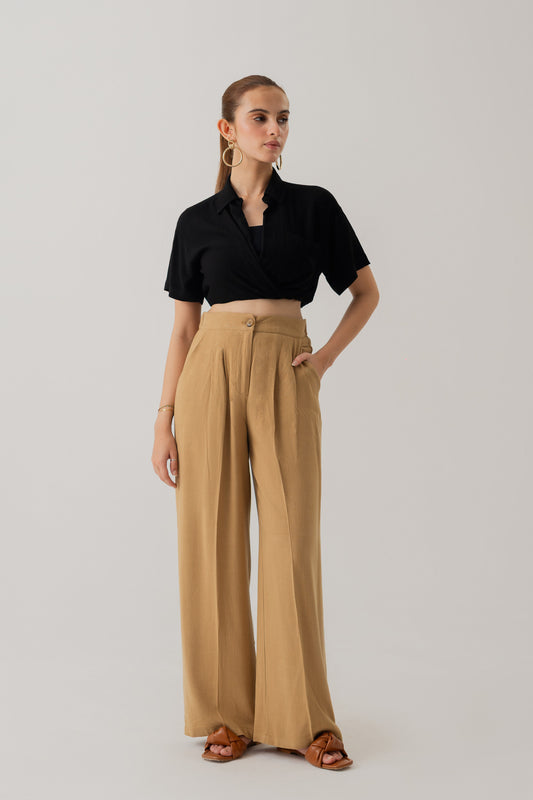 TAUPE LINEN WIDE LEG DARTED TROUSERS - Hustle N Holla