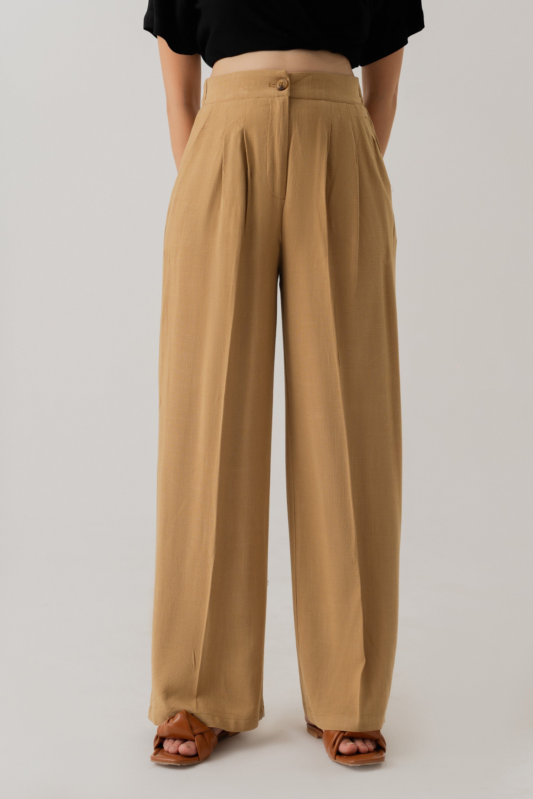 Taupe Linen Wide Leg Darted Trousers - Hustle N Holla