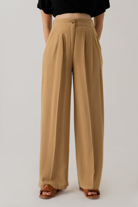 TAUPE LINEN WIDE LEG DARTED TROUSERS - Hustle N Holla