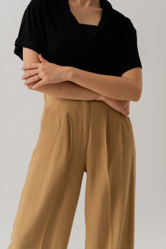 TAUPE LINEN WIDE LEG DARTED TROUSERS - Hustle N Holla