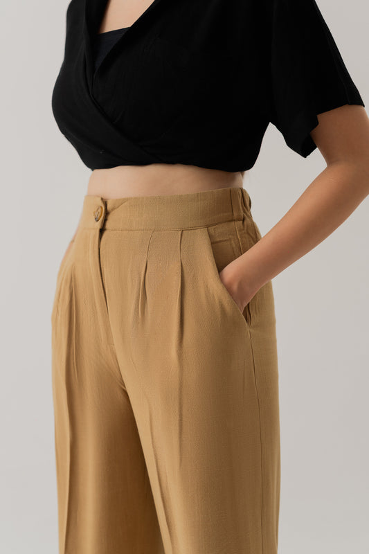 TAUPE LINEN WIDE LEG DARTED TROUSERS - Hustle N Holla