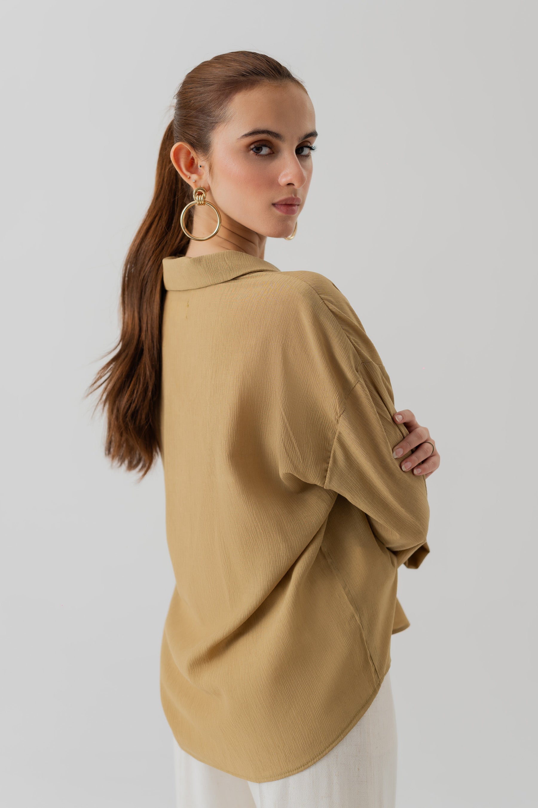 Muted Green Crinkled Chiffon Loose Fit Blouse - Hustle N Holla