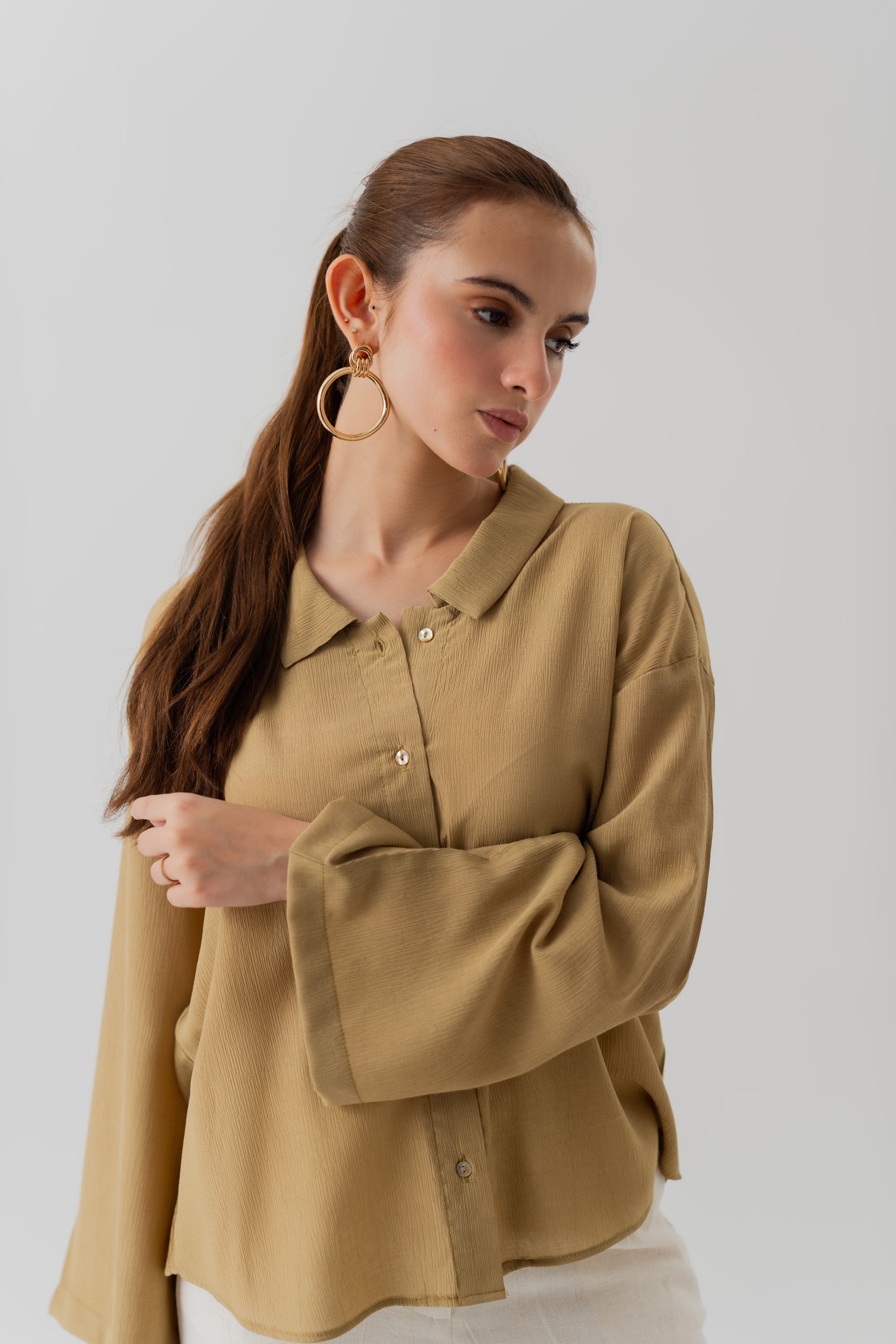 Muted Green Crinkled Chiffon Loose Fit Blouse - Hustle N Holla