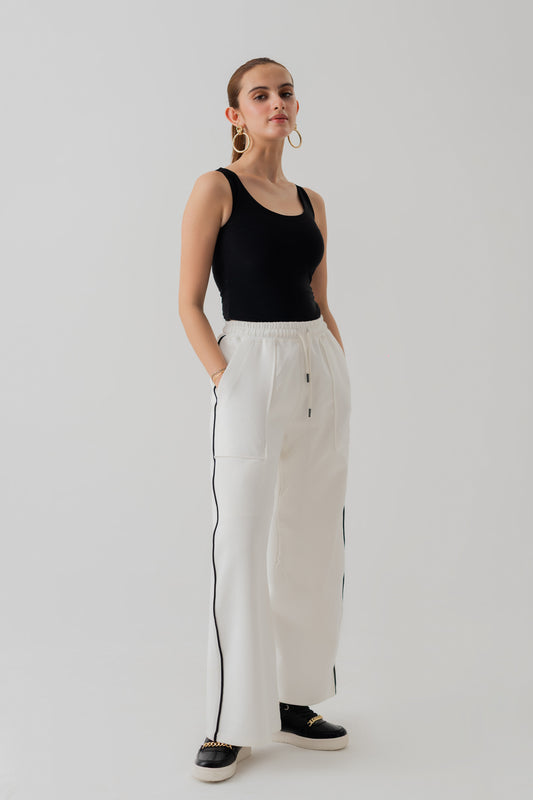 WHITE KNITTED WIDE LEG PANTS WITH CONTRASTING PIPING - Hustle N Holla