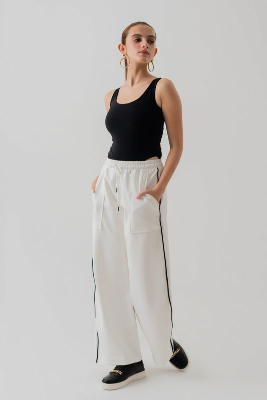 WHITE KNITTED WIDE LEG PANTS WITH CONTRASTING PIPING - Hustle N Holla