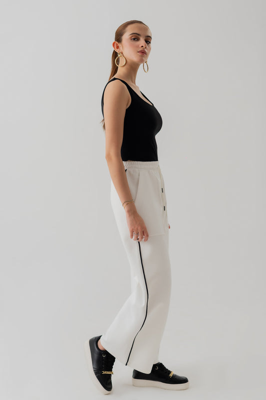 WHITE KNITTED WIDE LEG PANTS WITH CONTRASTING PIPING - Hustle N Holla