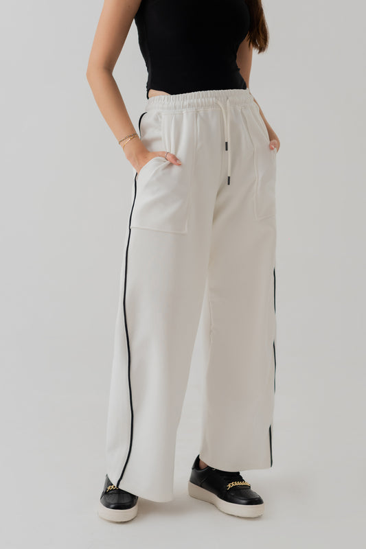 WHITE KNITTED WIDE LEG PANTS WITH CONTRASTING PIPING - Hustle N Holla