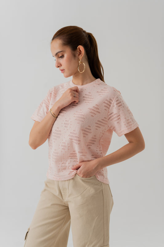 LIGHT PINK TEXTURED CROPPED REGULAR FIT T-SHIRT - Hustle N Holla
