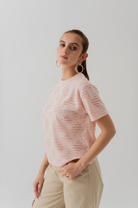 LIGHT PINK TEXTURED CROPPED REGULAR FIT T-SHIRT - Hustle N Holla