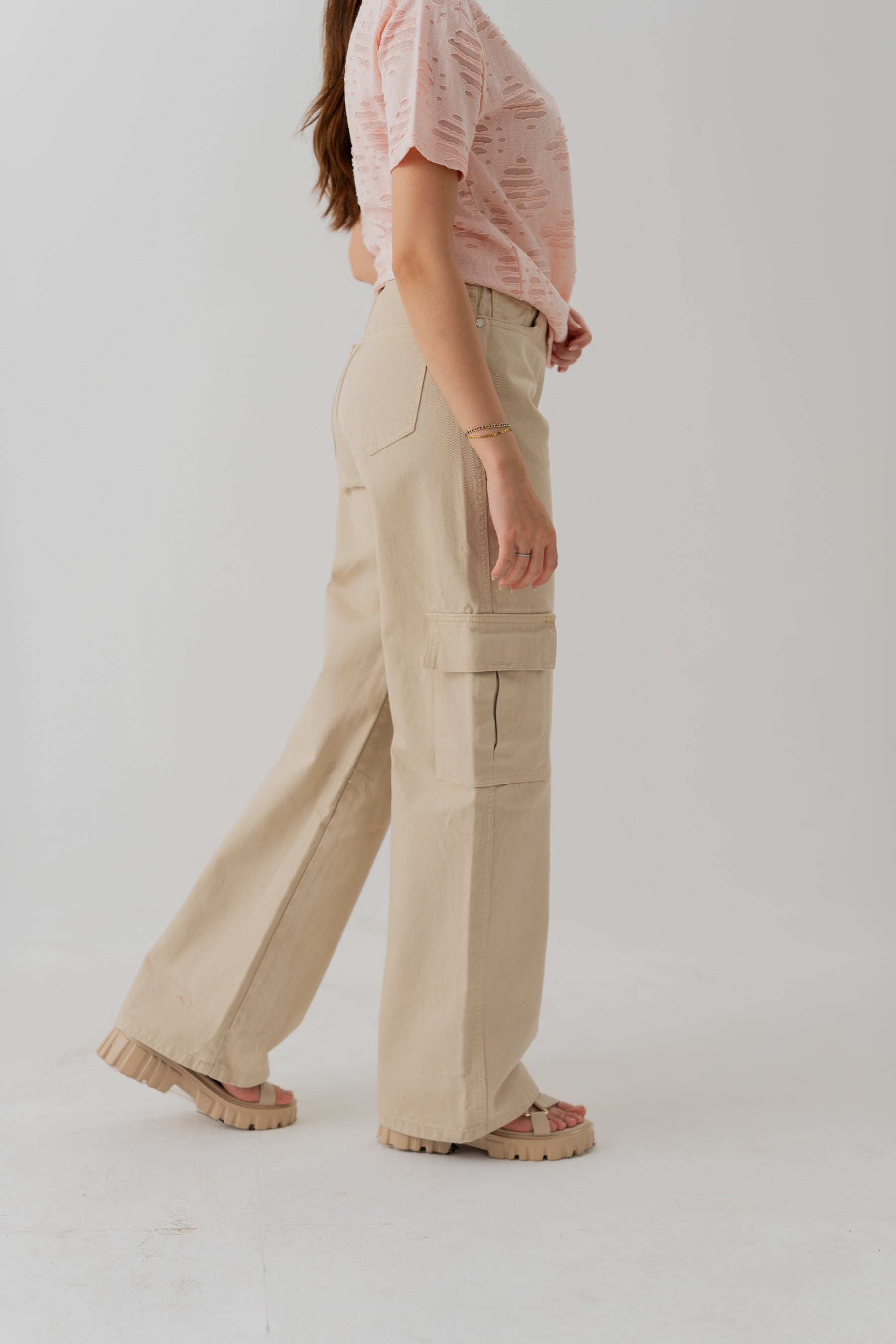 Beige Wide Leg Twill Cargo Trousers - Hustle N Holla