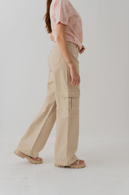 Beige Wide Leg Twill Cargo Pants - Hustle N Holla