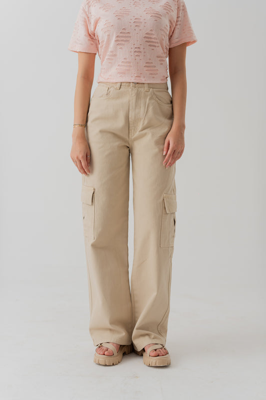 Beige Wide Leg Twill Cargo Pants - Hustle N Holla