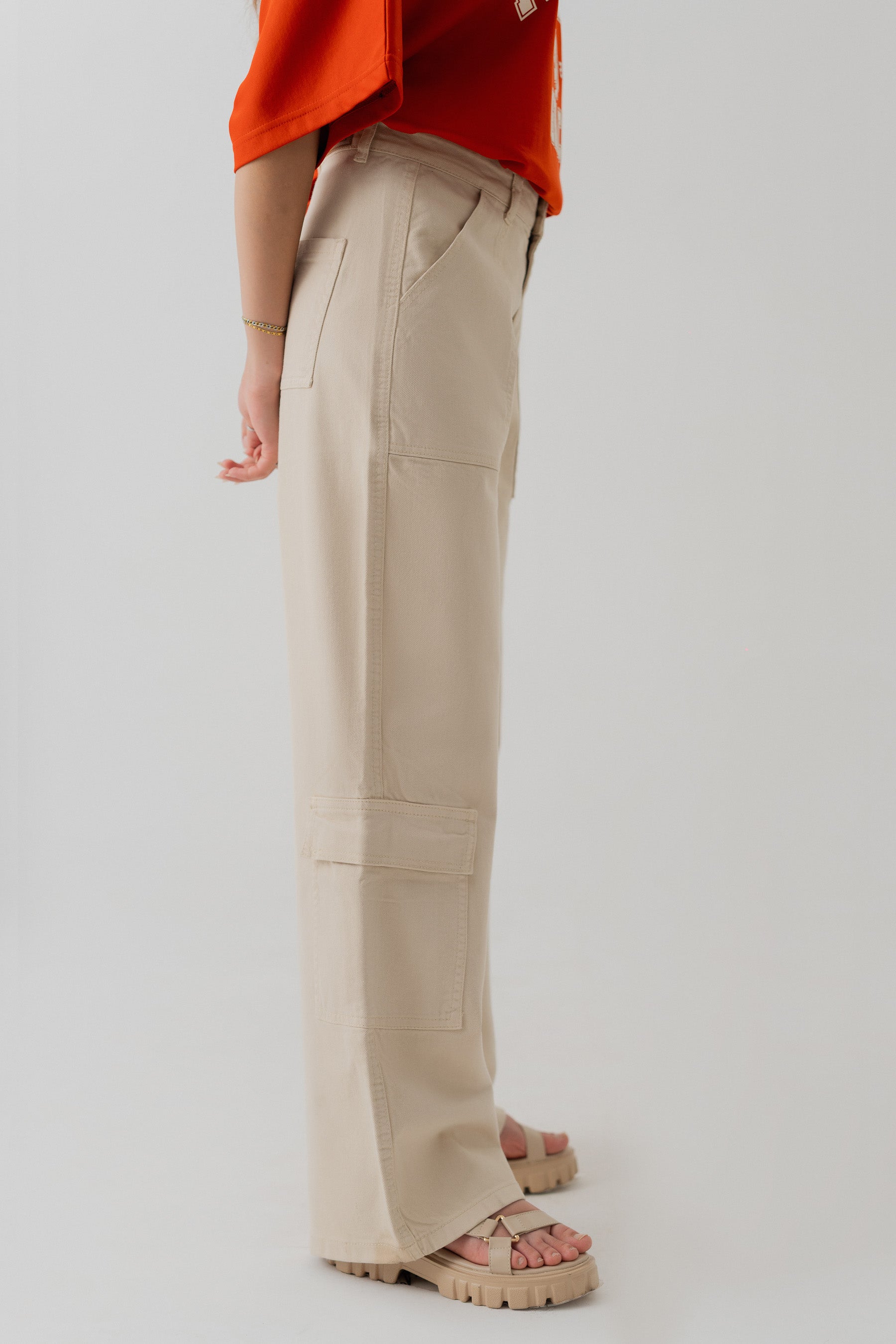 Beige Twill Wide Leg Cargo Trousers - Hustle N Holla