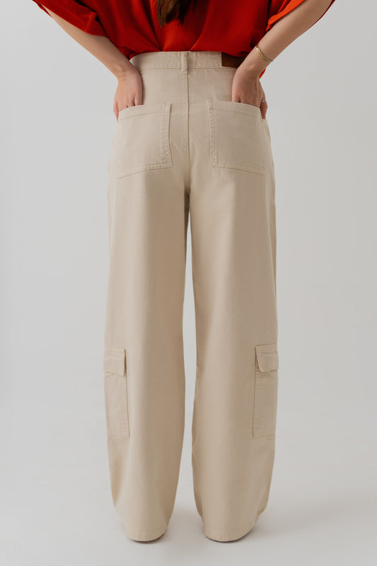 Beige Twill Wide Leg Cargo Pants - Hustle N Holla
