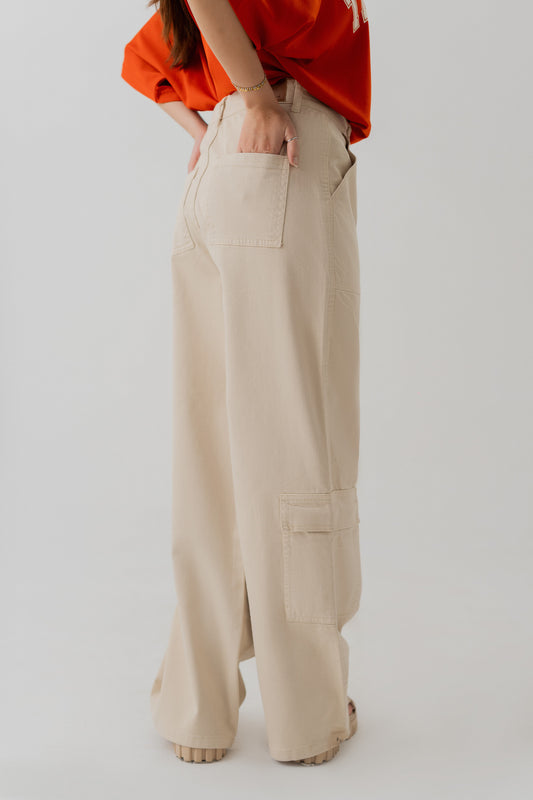 Beige Twill Wide Leg Cargo Pants - Hustle N Holla