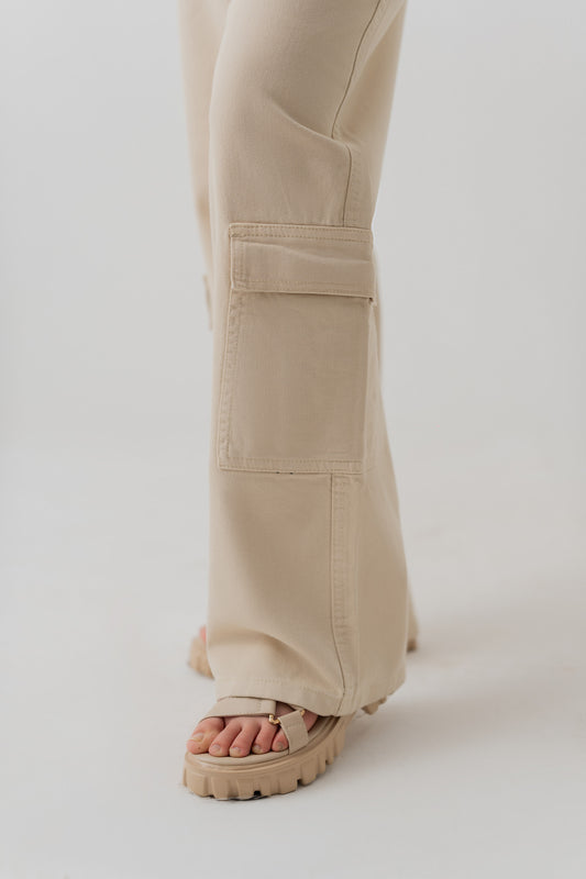 Beige Twill Wide Leg Cargo Pants - Hustle N Holla