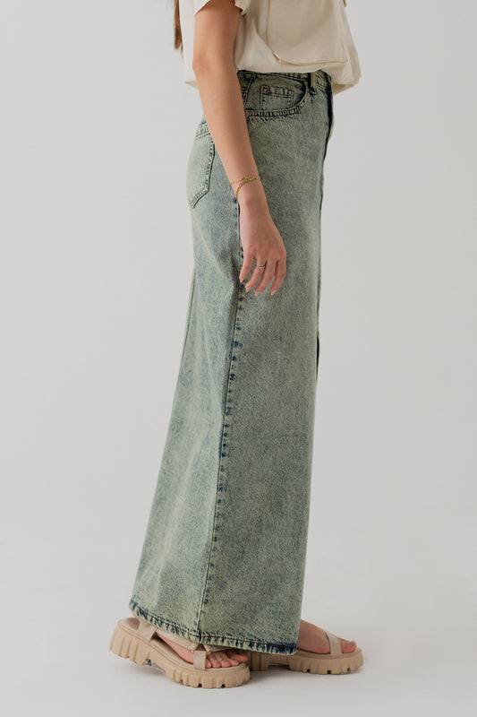 Acid Wash Denim Midi Skirt with Front Slit - Hustle N Holla