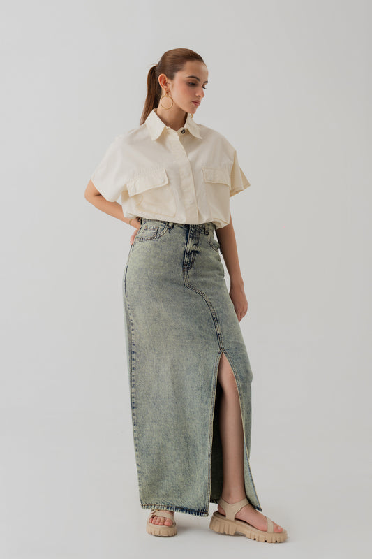 Acid Wash Denim Midi Skirt with Front Slit - Hustle N Holla