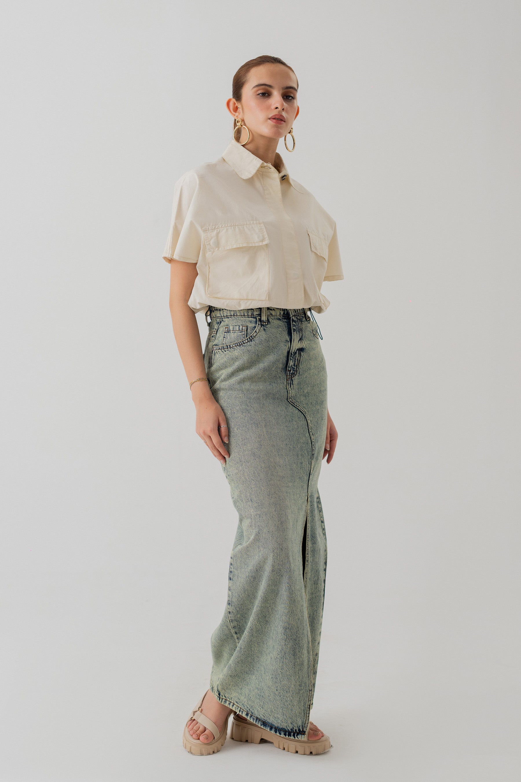 Acid Wash Denim Midi Skirt With Front Slit - Hustle N Holla