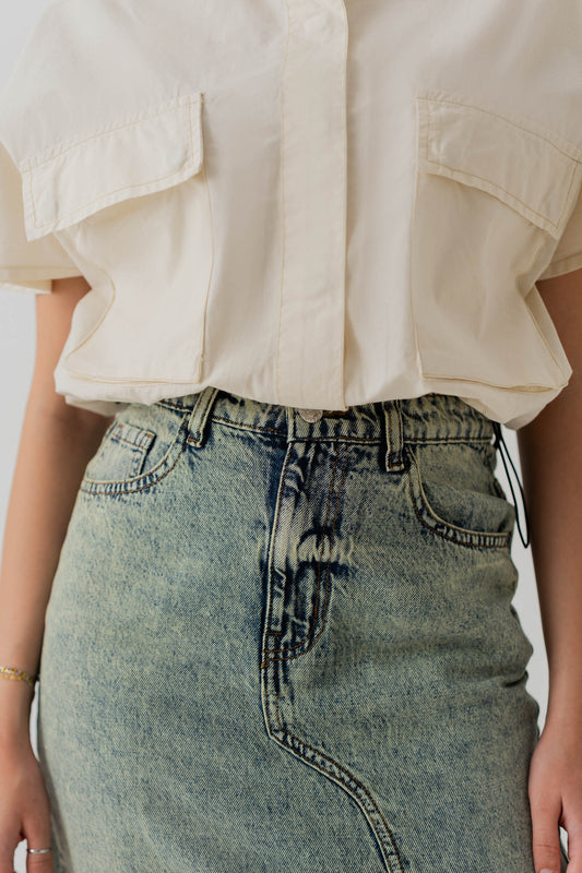 Acid Wash Denim Midi Skirt with Front Slit - Hustle N Holla