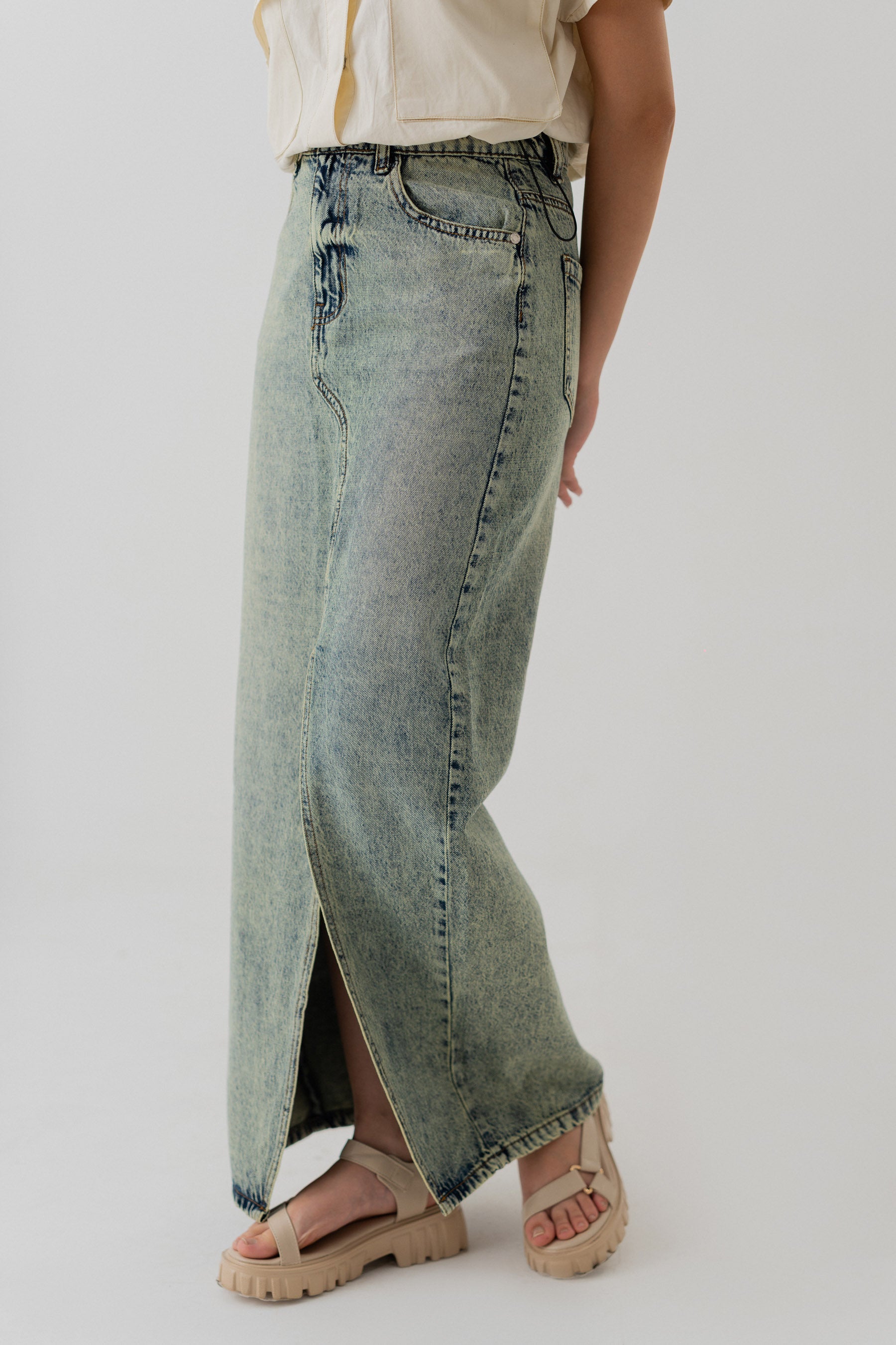 Acid Wash Denim Midi Skirt With Front Slit - Hustle N Holla