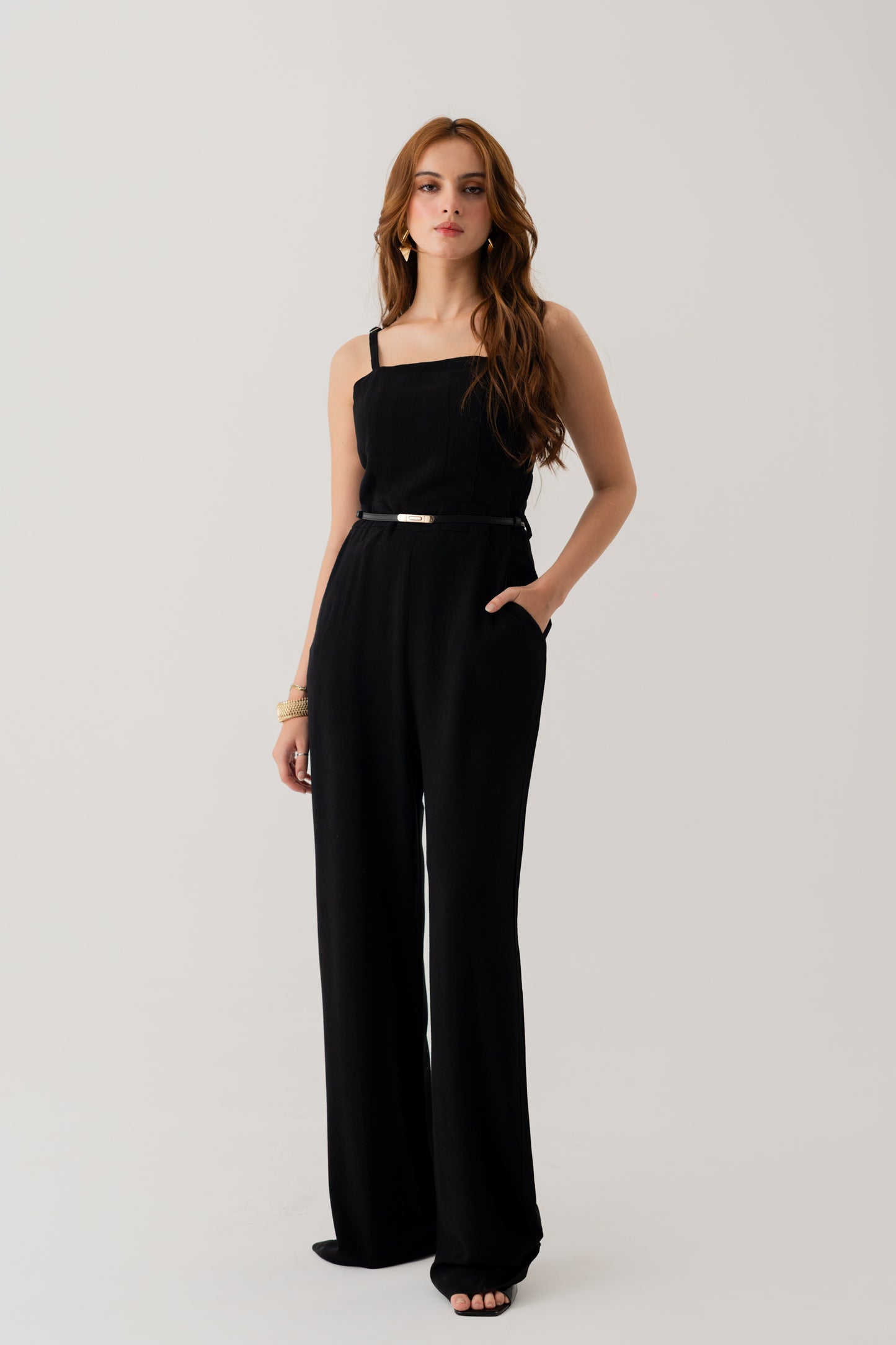 BLACK LINEN BELTED JUMPSUIT WITH CUT OUT DETAIL IN BACK - Hustle N Holla