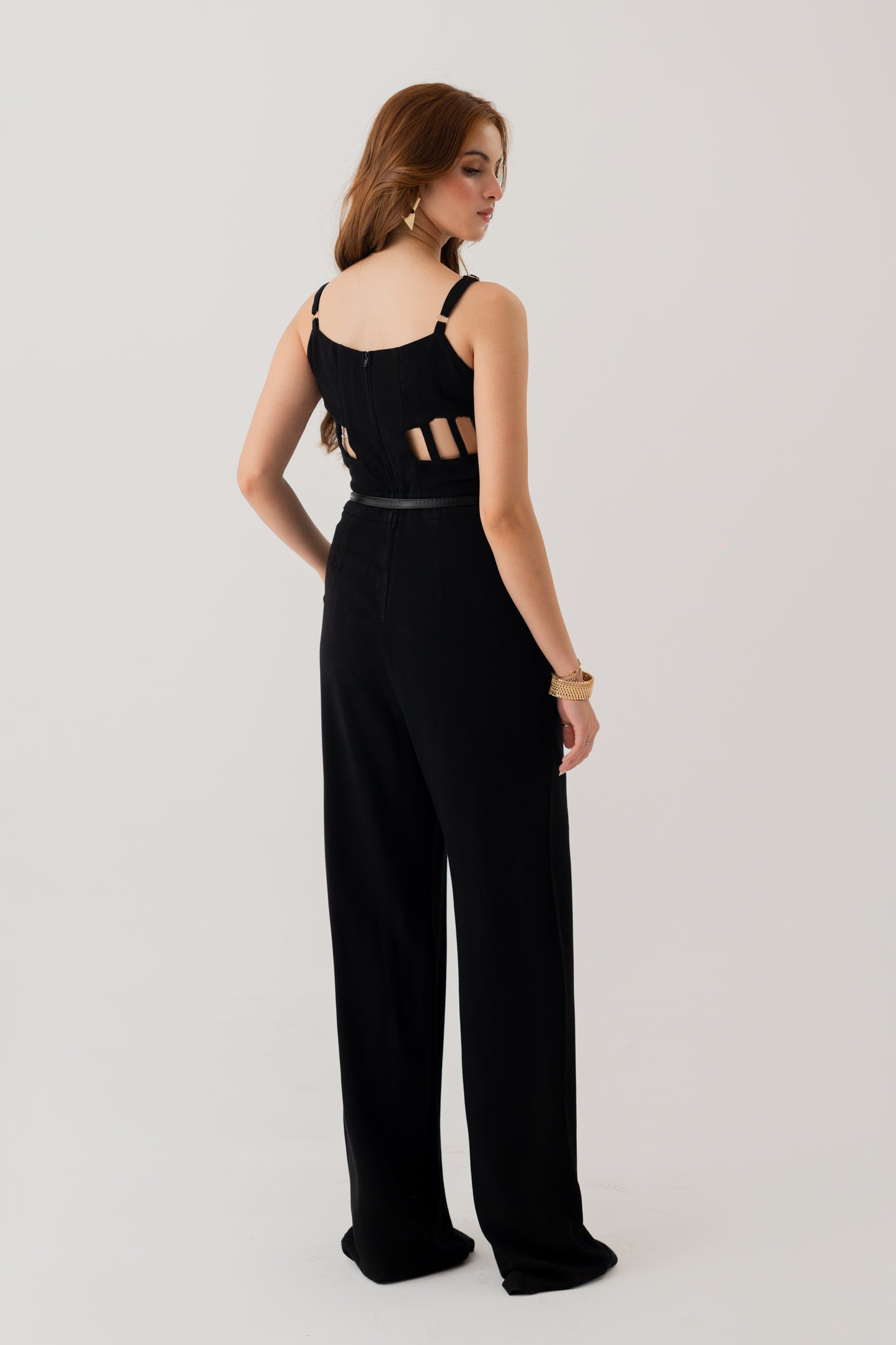 BLACK LINEN BELTED JUMPSUIT WITH CUT OUT DETAIL IN BACK - Hustle N Holla