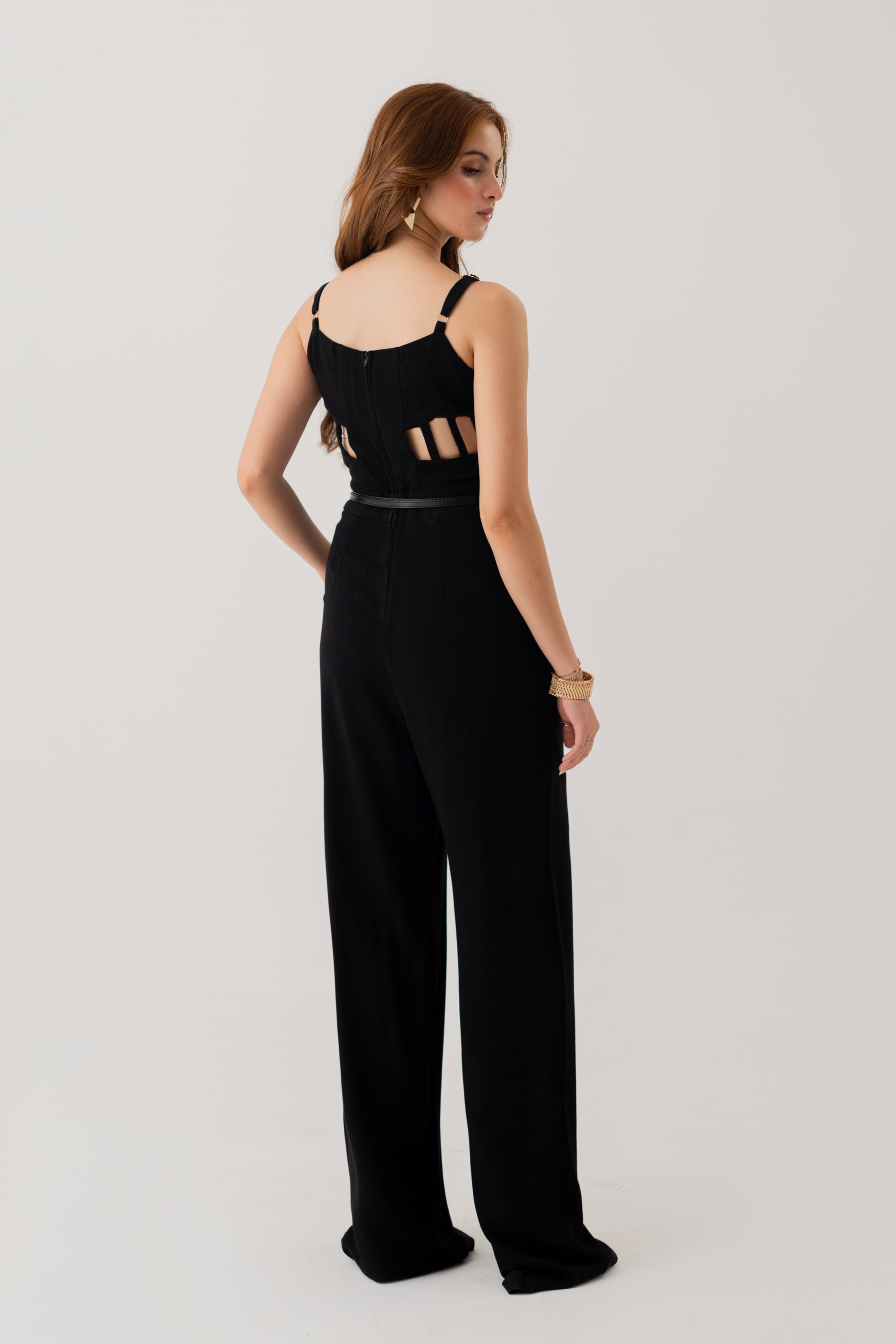 BLACK LINEN BELTED JUMPSUIT WITH CUT OUT DETAIL IN BACK - Hustle N Holla