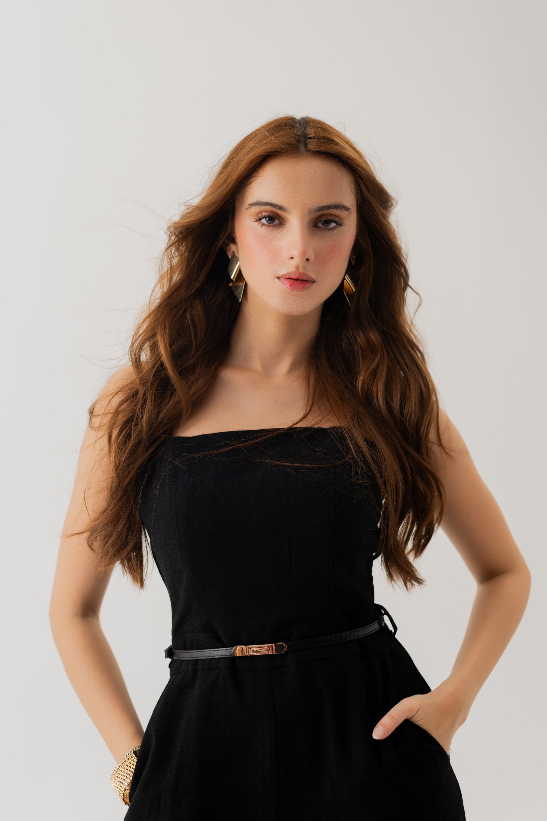 BLACK LINEN BELTED JUMPSUIT WITH CUT OUT DETAIL IN BACK - Hustle N Holla