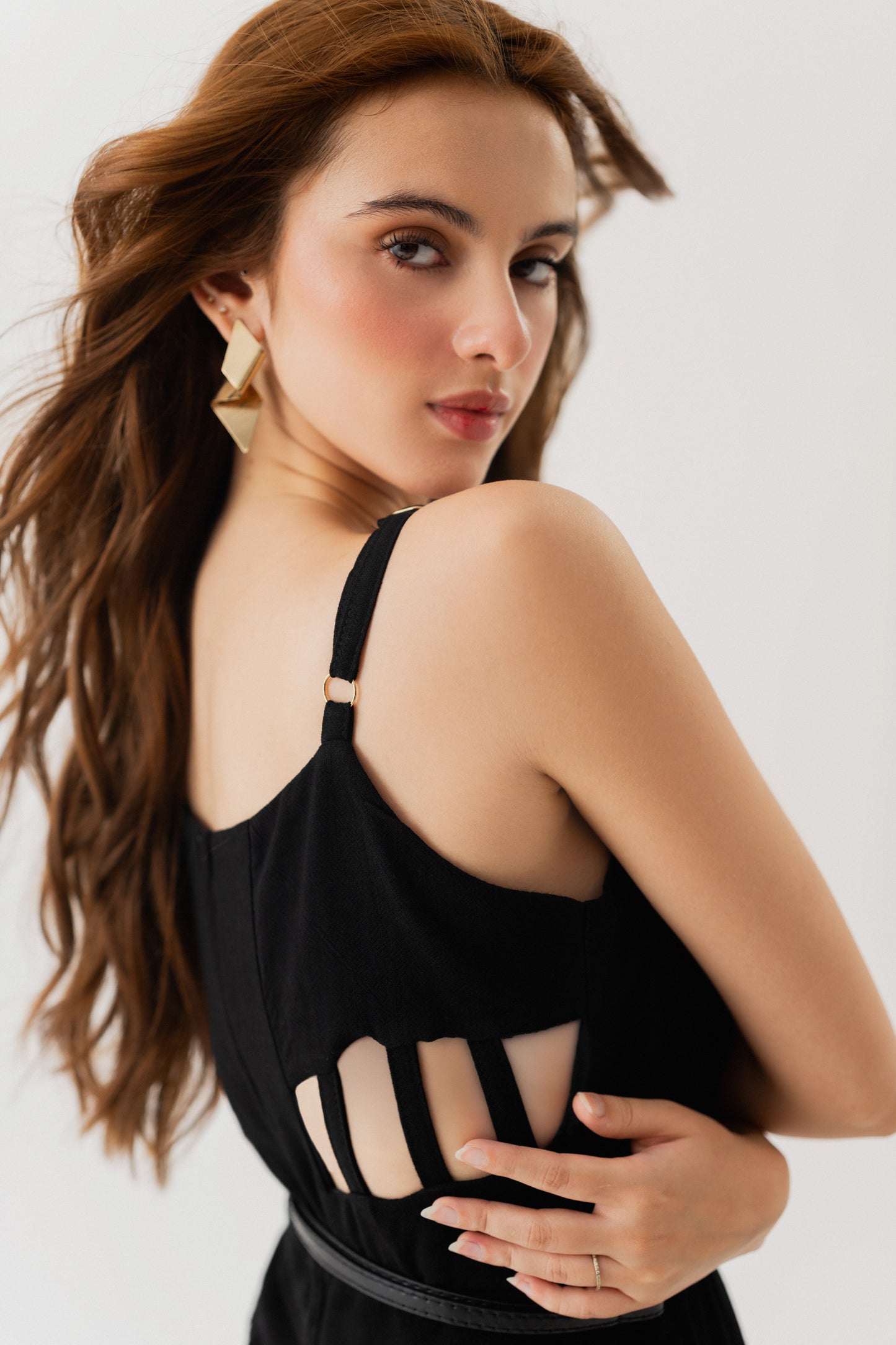 BLACK LINEN BELTED JUMPSUIT WITH CUT OUT DETAIL IN BACK - Hustle N Holla