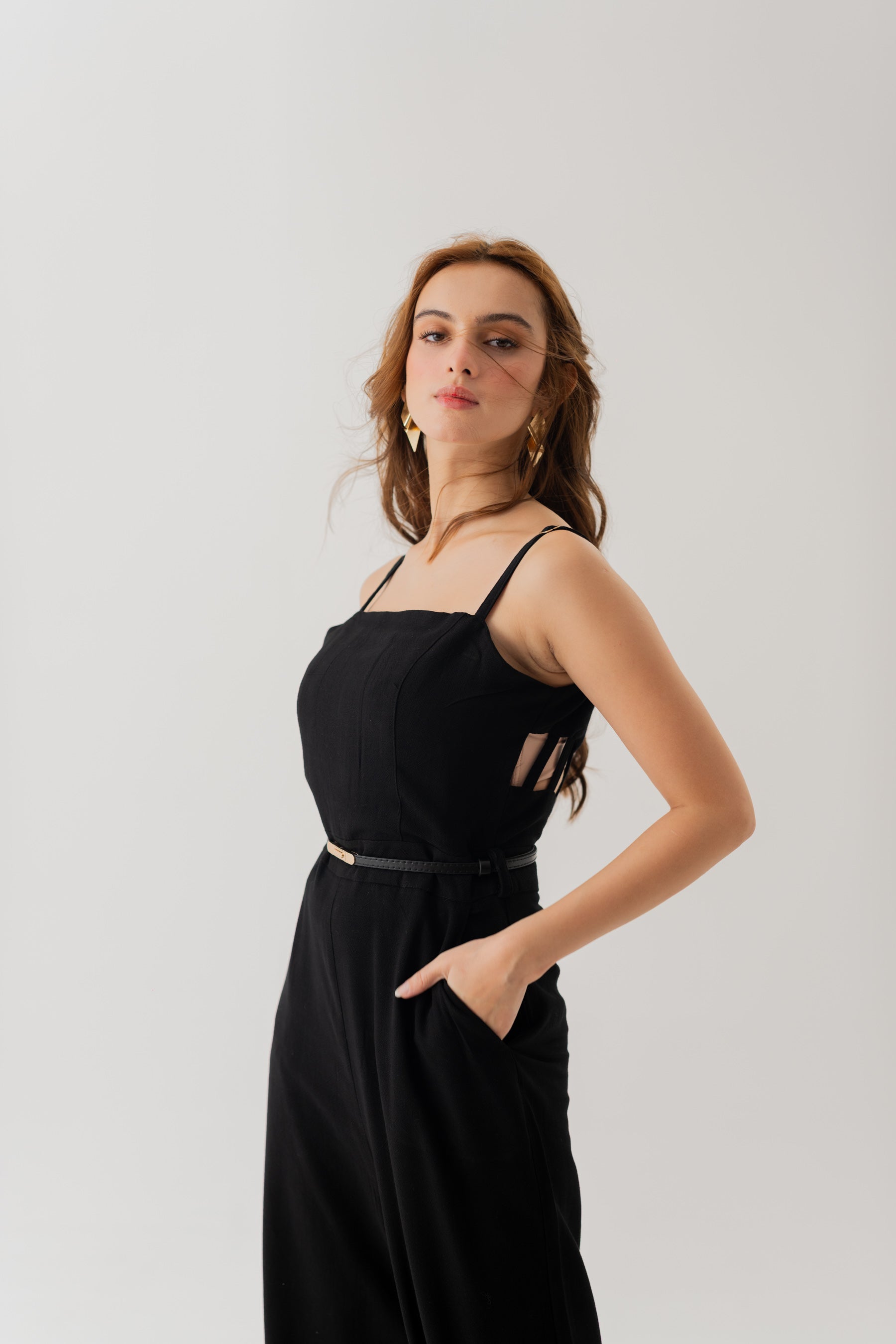 BLACK LINEN BELTED JUMPSUIT WITH CUT OUT DETAIL IN BACK - Hustle N Holla