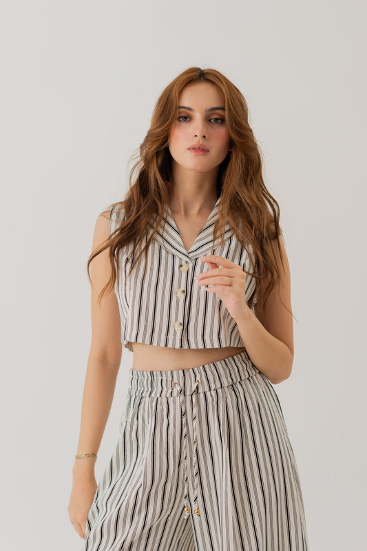 STRIPED LINEN SHAWL COLLAR CROPPED TOP - Hustle N Holla